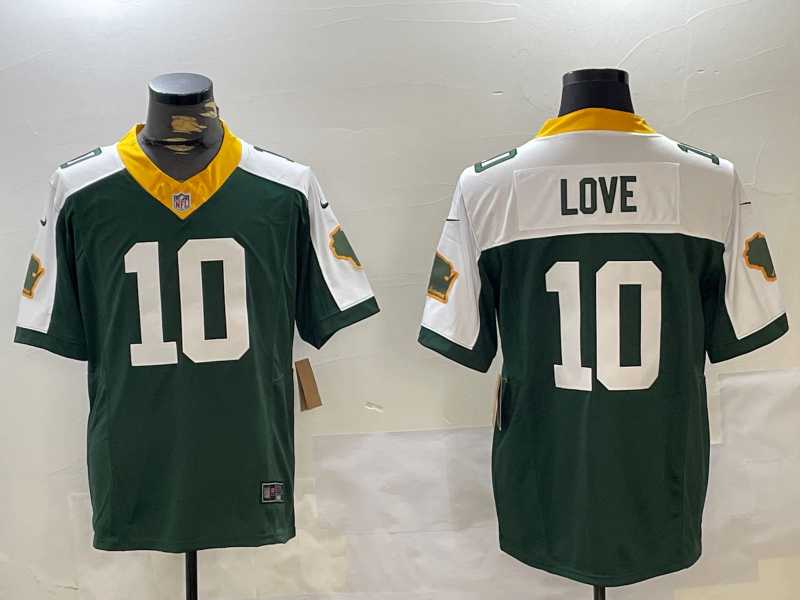 Mens Green Bay Packers #10 Jordan Love Green White 2023 FUSE Home Patch Vapor Limited Stitched Jersey